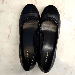 Cole Haan Black Leather Ballet Wedge, 1.5 in, Patent Leather Spectator Trim